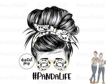 Panda Life Tie Dye Digital Design, Panda Girl Download, Cute Panda Bear Design, Messy Bun, Sunglasses, PNG, Panda Girl