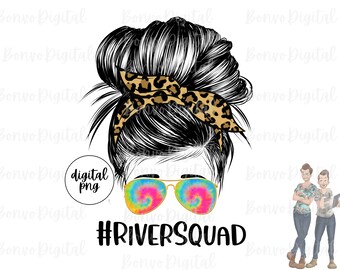 River Squad Tie Dye Leopard Digital Design, River Life Girl Download, Cute Tie Dye Girl Design, Messy Bun, Sunglasses, PNG, Vacation Girl