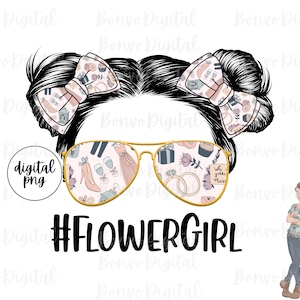 Puede incluir: Una ilustración digital de una niña con cabello negro que lleva gafas de sol con un patrón floral. Las gafas de sol tienen marcos dorados. La niña lleva dos lazos rosas y blancos en el pelo. El texto "#FLOWERGIRL" está debajo de la imagen.