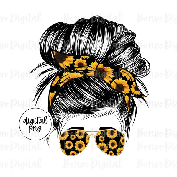 Sunflower Girl Digital Design, Sunflowers Download, Sunflower Messy Bun Sublimation Design, Messy Bun, Sunglasses, Head Band