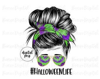 Halloween Life Green and Purple Tie Dye Design, Halloween Mom Download, Cute Design, Messy Bun, Sunglasses, Cute Tie Dye Girl, PNG