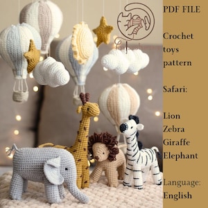 LOW SEW Crochet Pattern 4in1 Safari Toy Series |Crochet Elephant, Lion, Zebra, Giraffe | Toys for Crib Mobile | Madagascar Amigurumi