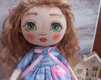 手作りテキスタイルラグドール：革靴を履いたコットン生地のアートドール