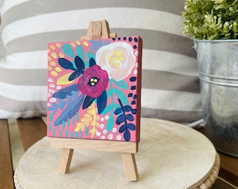 Boho flower acrylic painting - mini canvas - pink