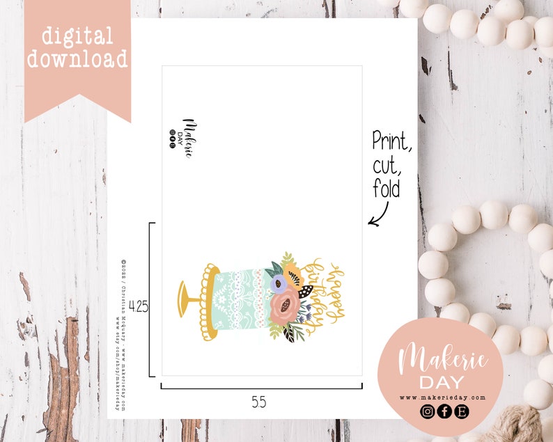 Floral Birthday Cake Card Digital Download Printable Card Happy Birthday Card Boho Flower Card image 2