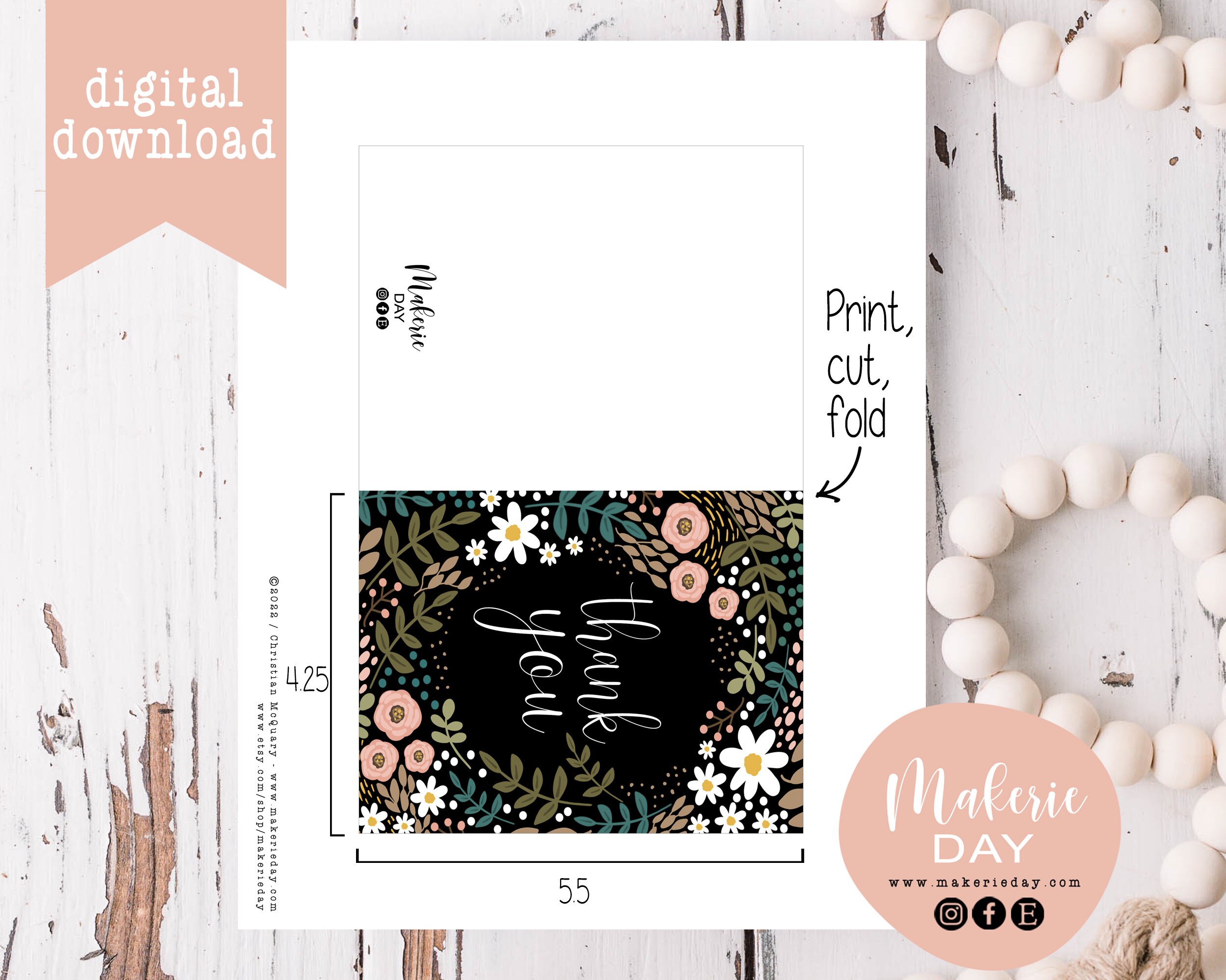 Floral Thank You Card Digital Download Printable Card Floral Card ...