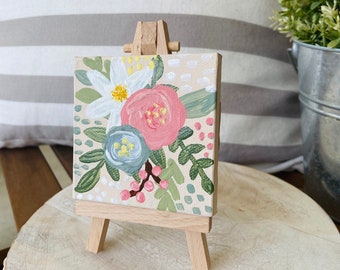 Boho flower acrylic painting - mini canvas - tan