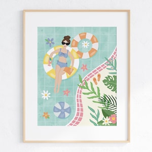 May include: A woman wearing sunglasses and a blue swimsuit floats on a yellow and white inflatable ring in a turquoise pool. The pool is surrounded by green plants, pink and white tiles, and flowers. A blue beach ball is in the water.