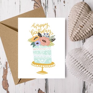 Floral Birthday Cake Card Digital Download Printable Card Happy Birthday Card Boho Flower Card image 1