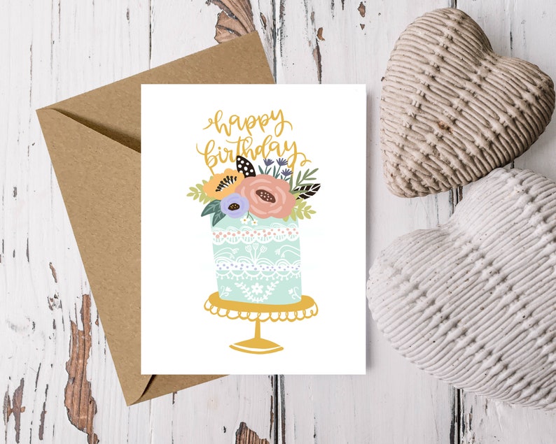 Floral Birthday Cake Card Digital Download Printable Card Happy Birthday Card Boho Flower Card image 1