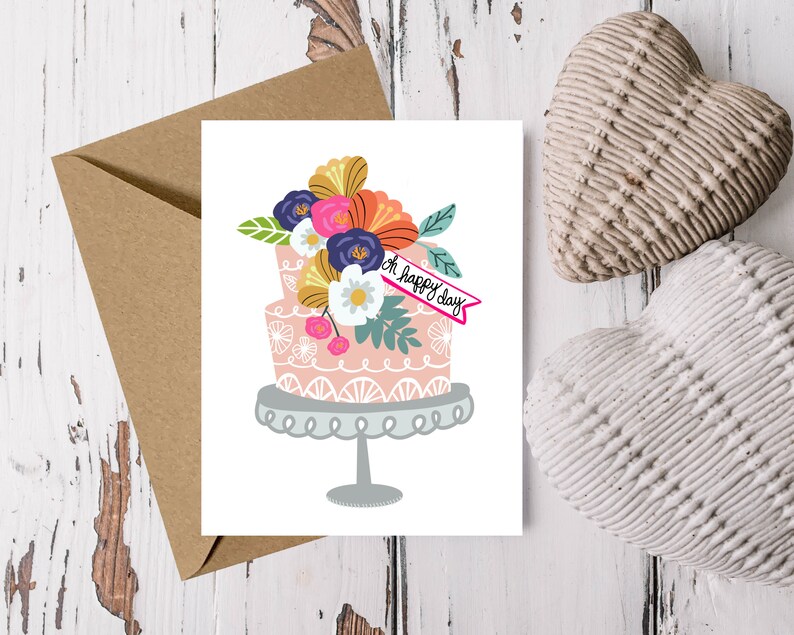 Oh Happy Day Cake Card Digital Download Printable Card Happy Birthday Card Wedding Card image 1