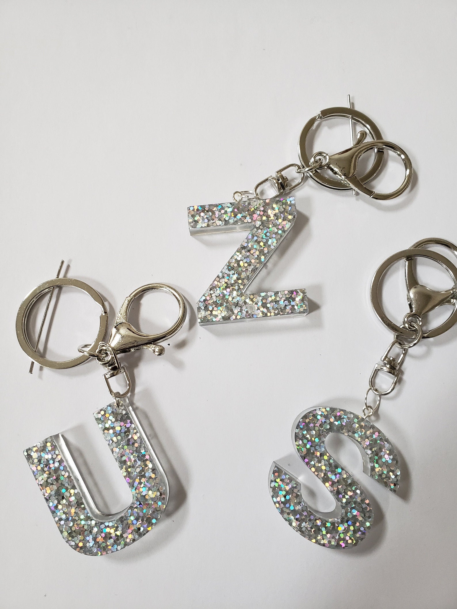 Customized Letter Keychain Silver Glitter Keychain Resin Etsy