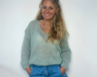 Shiny mohair and silk V-neck sweater