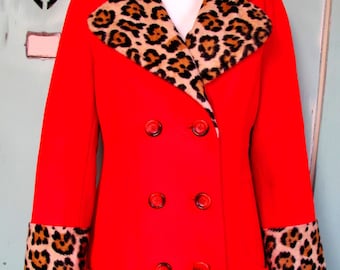 Vintage Wool Coat with Leopard Print Trim Double Breasted Fashionbilt Casuals 1960s 1970s