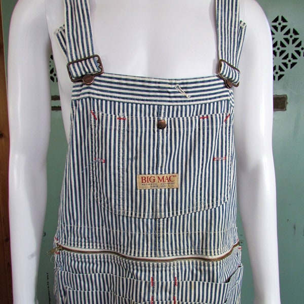 Vintage Big Mac Overalls 42 x 30 Engineer Stripe Workwear with Apron Carpenter Tool Belt Hickory Stripe Double Knee with Red Stitching 1980s