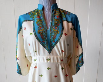 1970s Leslie Fay Dress with Kimono Sleeves Floral Maxi Boho Hippie Hostess Dress