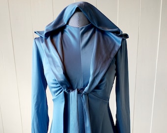 1970s 1960s Hooded Dress 2PC Outfit Loungewear Hostess Dress Disco Glam Hooded Duster Robe Icy Blue Spandex