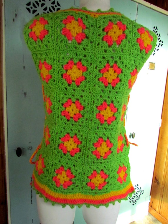 Vintage Neon Granny Square Vest Crochet Tank Hipp… - image 3