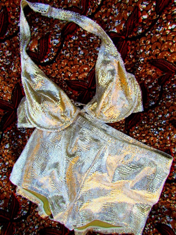 Vintage Gold Bikini Velvet Snake Animal Print Hot 