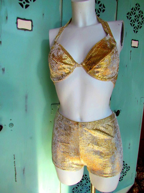 Vintage Gold Bikini Velvet Snake Animal Print Hot… - image 5