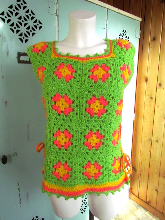 Vintage Neon Granny Square Vest Crochet Tank Hipp… - image 2