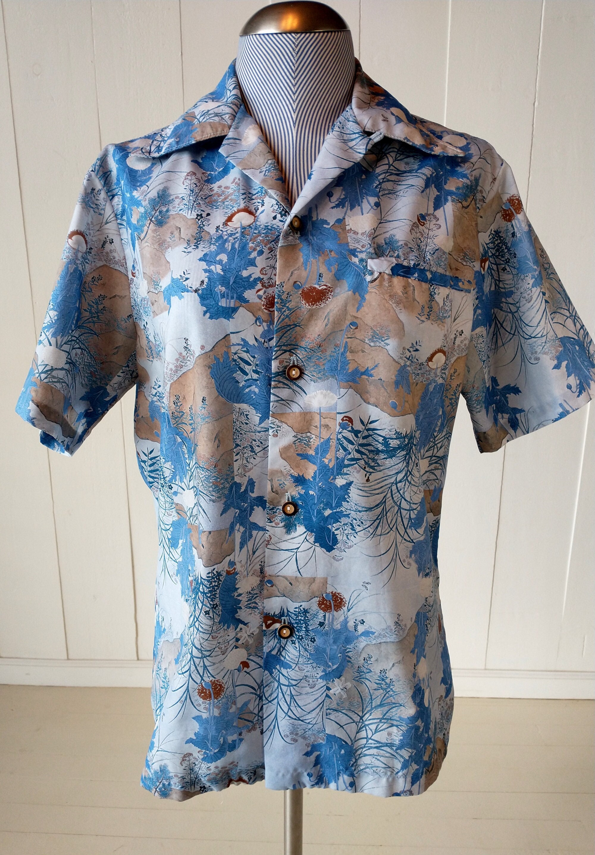 Vintage Hutspah Mens Abstract Hawaiian Disco LS Shirt Khaki Rayon