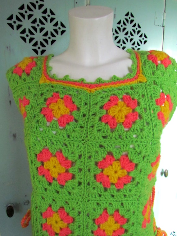 Vintage Neon Granny Square Vest Crochet Tank Hipp… - image 7