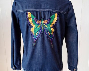 Vintage 1970s Denim Embroidered Jacket Shacket Butterfly Billy the Kid Western Boho Hippie Adult XS/S or Childrens L/XL