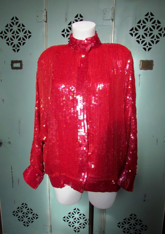 1980s Vintage Sequin Silk Bomber Jacket with Bead… - image 1