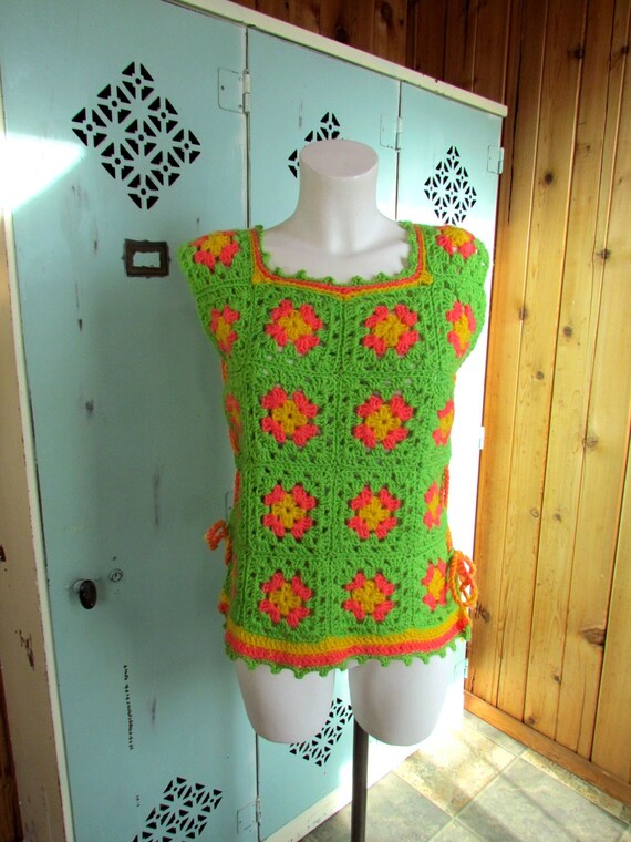 Vintage Neon Granny Square Vest Crochet Tank Hipp… - image 1