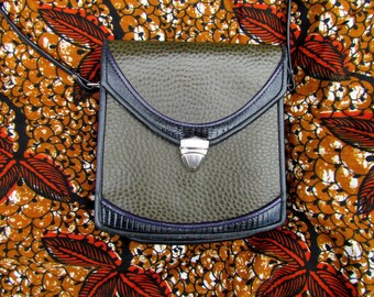 Leather Purse with Croc Olive Green with Purple and Black Details 80s Style Crossbody Strap