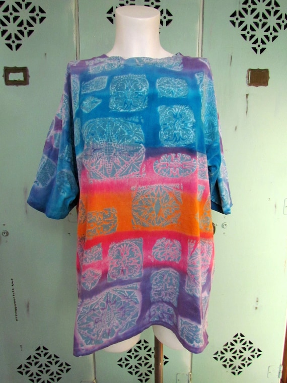 Vintage Neon Tie Die Block Print T-Shirt 1990s Pro