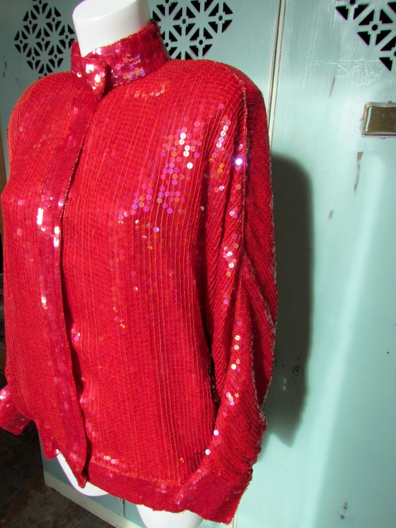 1980s Vintage Sequin Silk Bomber Jacket with Bead… - image 2