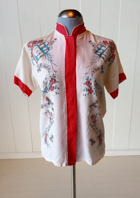 Vintage 1930s Hand Painted Shirt Mandarin Collar "