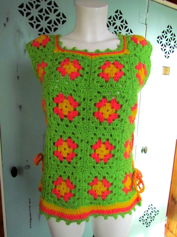 Vintage Neon Granny Square Vest Crochet Tank Hipp… - image 6