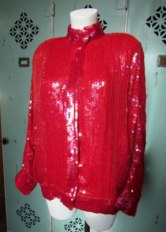 1980s Vintage Sequin Silk Bomber Jacket with Bead… - image 7