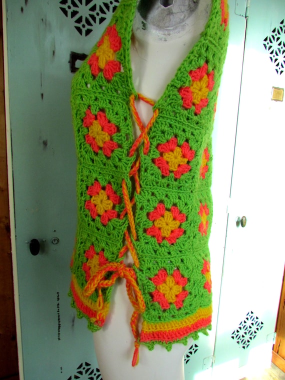 Vintage Neon Granny Square Vest Crochet Tank Hipp… - image 4