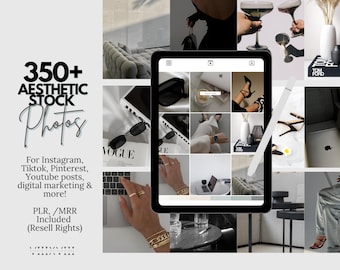 May include: Aesthetic stock photos displayed on a tablet, with a collage of images including sunglasses, a Vogue magazine, high heels, and a laptop. Text on the image reads "350+ Aesthetic Stock Photos" and "For Instagram, Tiktok, Pinterest, Youtube posts, digital marketing & more!"