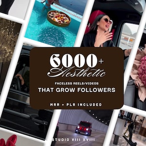 May include: A collage of images featuring a variety of aesthetic scenes, including a chandelier, a pool, a car, and a bouquet of pink roses. The text "6000+ Aesthetic" and "That Grow Followers" is displayed on a brown background.