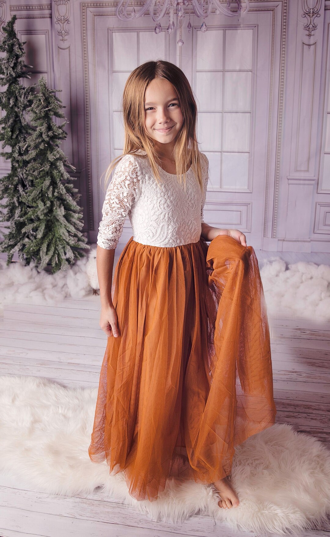 Burnt Orange Tulle Boho Flower Girl Lace Dress Long Tulle Skirt Etsy