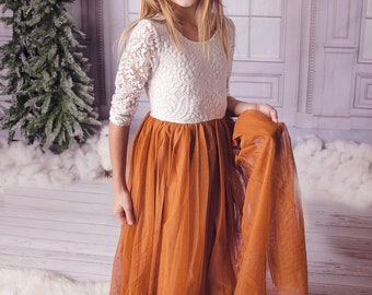 Burnt Orange Tulle Boho Flower Girl Lace Dress - Long Tulle Skirt