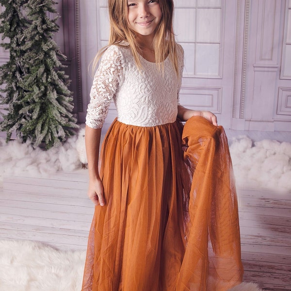 Burnt Orange Tulle Boho Flower Girl Lace Dress - Long Tulle Skirt