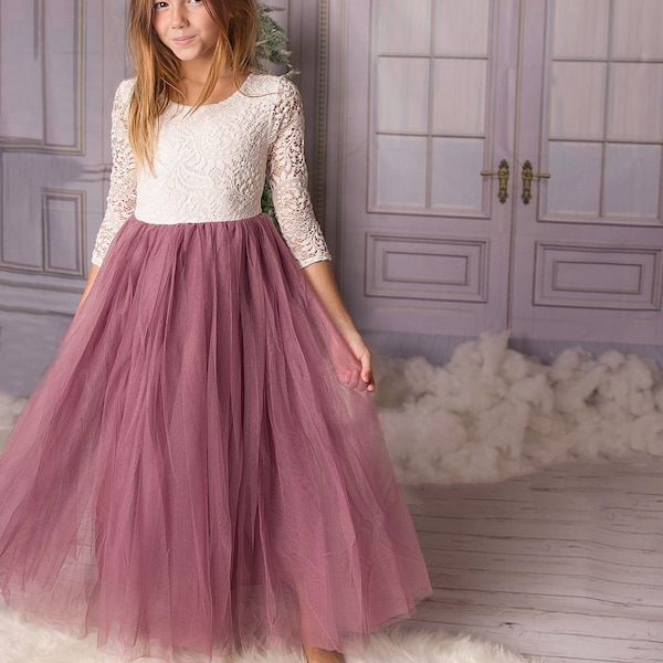Mauve Tulle Boho Flower Girl Lace Dress - Long Tulle Skirt