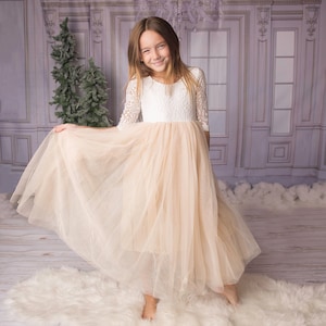 Champagne Celebration Tulle Boho Flower Girl Lace Dress - Long Tulle Skirt