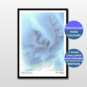 May include: A blue and white topographic map print of Ben Nevis, the highest mountain in the United Kingdom. The print includes the mountain's name, elevation, and location. It also includes the name "John Smith" and the date "21/04/2021".