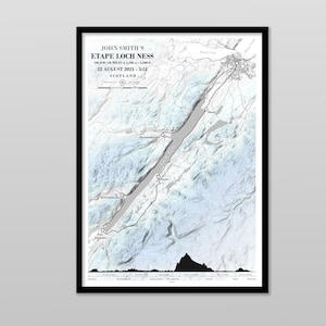 Etape Loch Ness-kaart en hoogteprofiel. Fietsuitdaging Schotse Hooglanden. Cadeau voor fietsers. Beschikbaar met datum, naam en tijd.