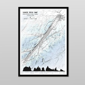May include: A black and white map of Loch Ness, Scotland, with a gray shaded area representing the loch. The map includes a black and white elevation profile at the bottom. The title of the map is "Loch Ness 360° 129 km / 80 miles / 1,300 m / 4,265 ft - SCOTLAND - "