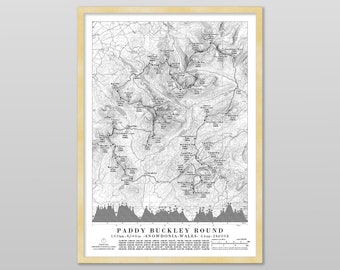 Paddy Buckley Round Map with Elevation Profile. Gift for Fell/ Hill Runner / Walker / Mountaineering. Available with your name, date, time.