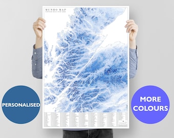 Munro Bagging Map, Scotland. Scottish Flag Colours, Tick List of Munros by Height. Poster Gift for Hill Walkers / Outdoor / Mountaineering.