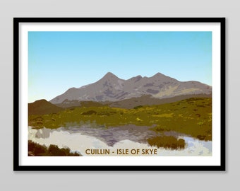 Cuillin Isle of Skye Scotland. Vintage Style Print Gift. Challenge, Favourite Mountain, Poster / Wall Art. Personalised. Several colours.